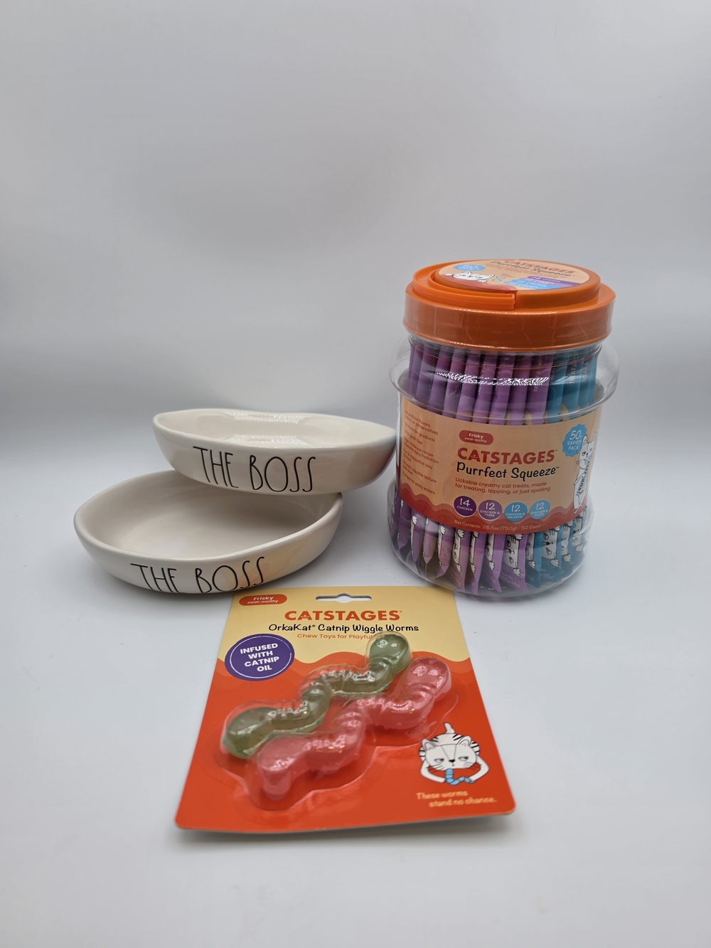 Cat Lovers Bundle: Catstages Treats/Toys + Rae Dubn "The Boss" Pet Bowls!